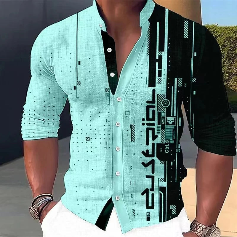 Camisa informal estampada de manga larga con cuello levantado.