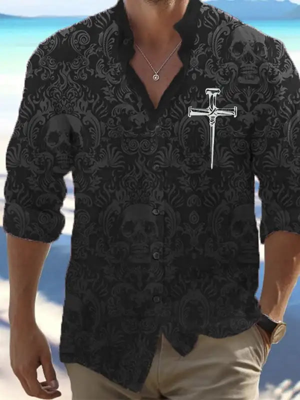 Camisa de manga larga informal negra con estampado de calavera oscura Vintage.