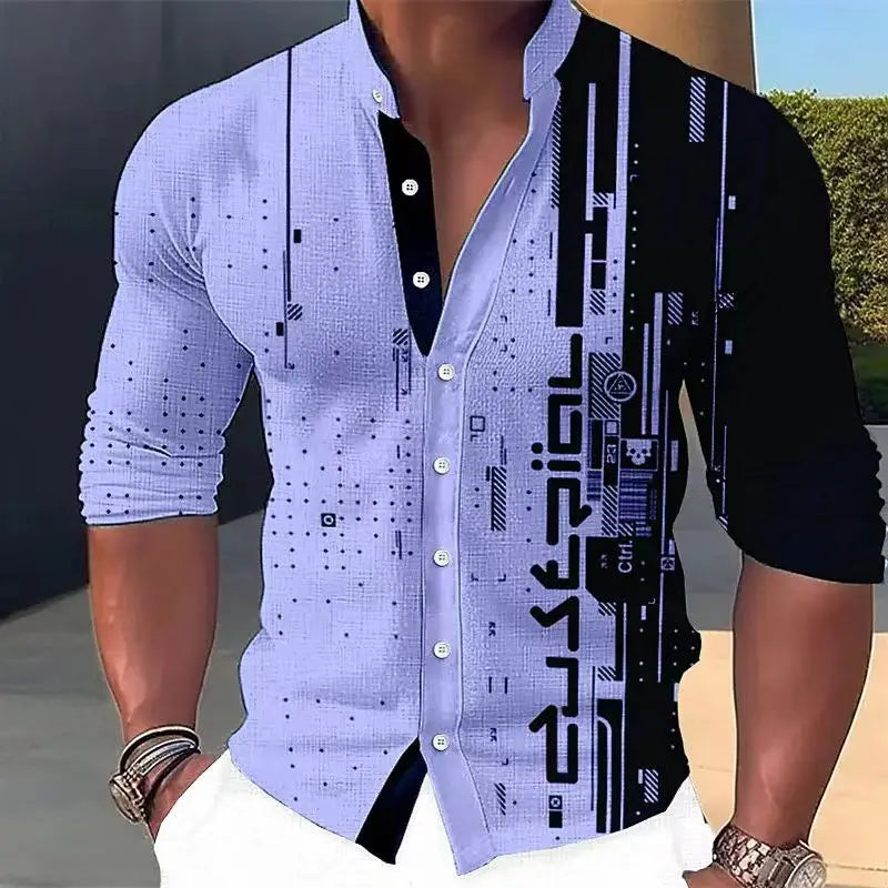 Camisa informal estampada de manga larga con cuello levantado.