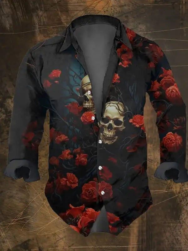 Camisa de manga larga informal negra con estampado de calavera oscura Vintage.