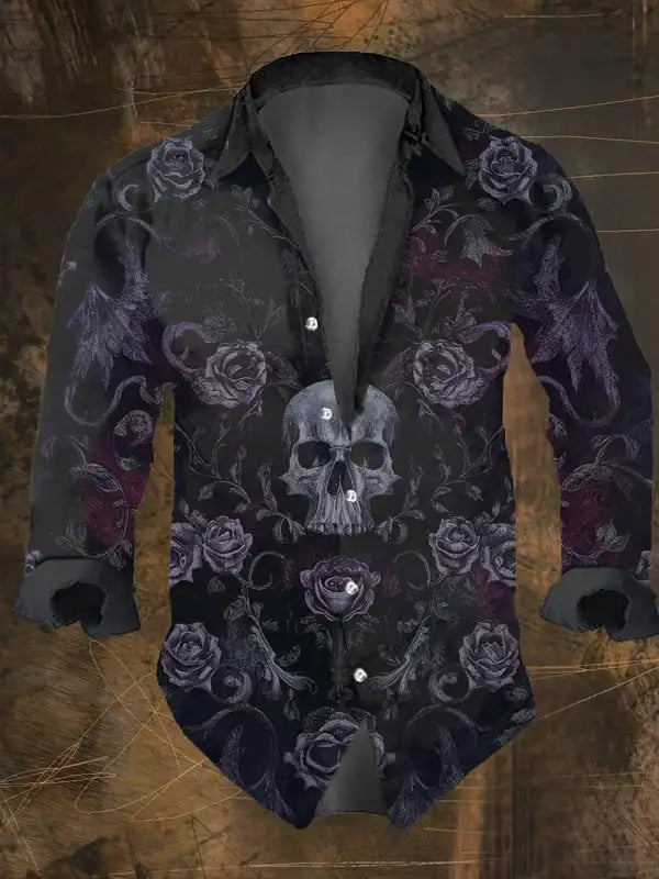 Camisa de manga larga informal negra con estampado de calavera oscura Vintage.